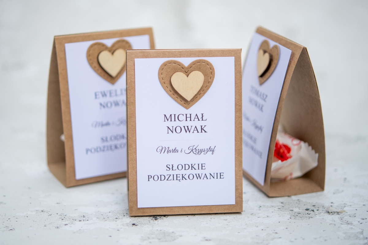 Kolekcja ślubna - słodkie podziękowanie z winietką z papieru EKO