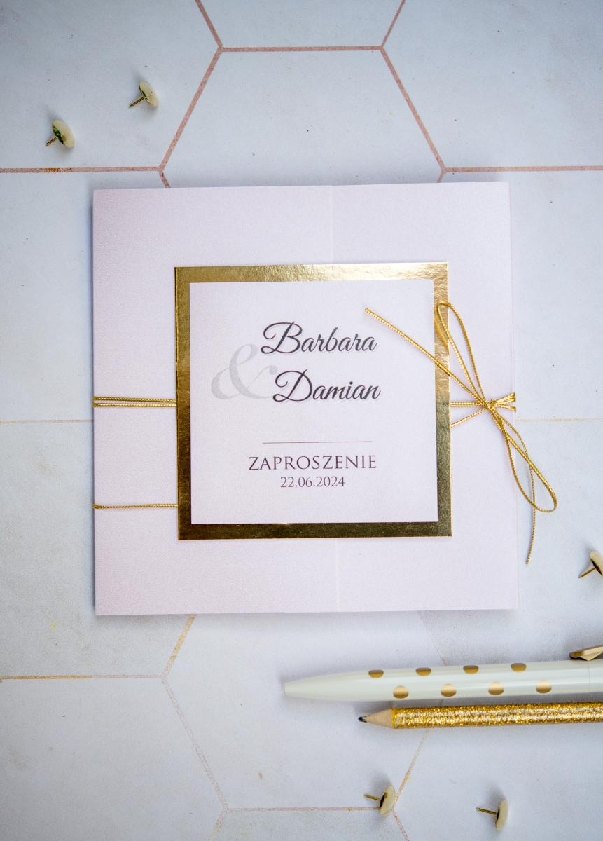 Kolekcja ślubna jasny róż ze złotem - zaproszenie ślubne