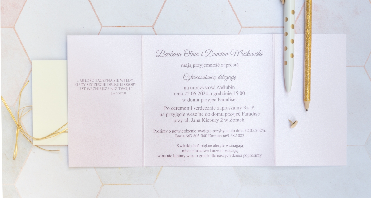 Kolekcja ślubna jasny róż ze złotem - zaproszenie ślubne
