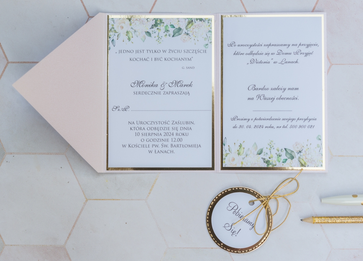 Kolekcja ślubna jasny róż ze złotem - zaproszenie ślubne
