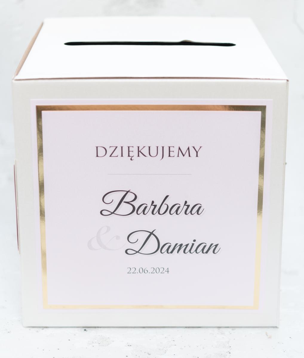 Kolekcja ślubna jasny róż ze złotem - pudełko na koperty